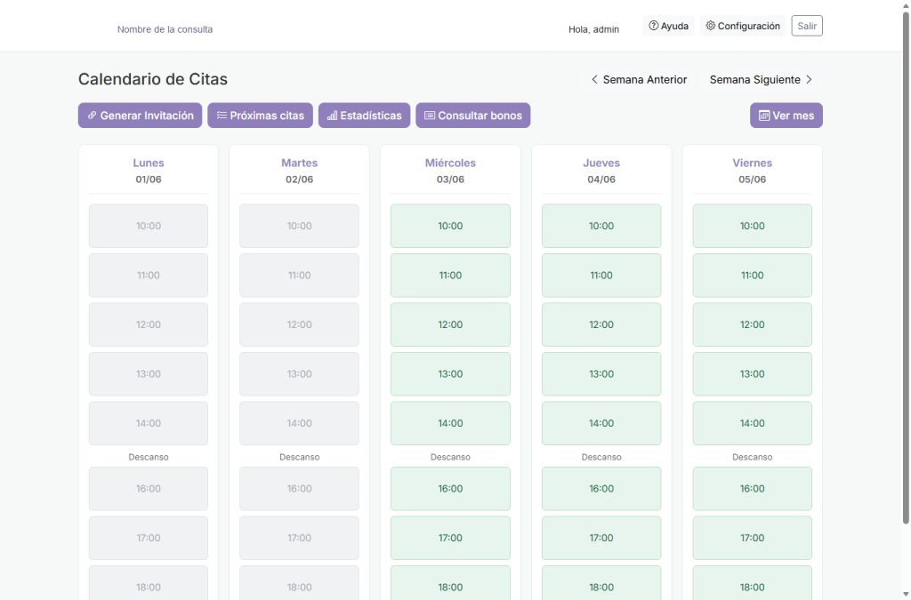 Vista semanal de la Agenda de SimplyGest Praxis