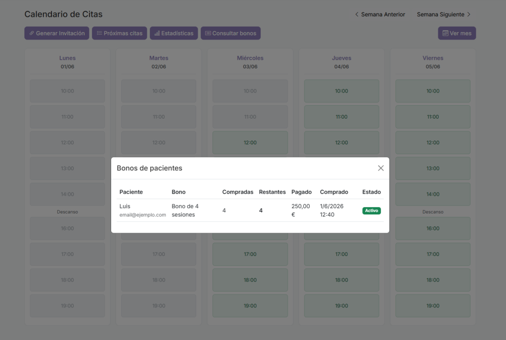 Listado de bonos y sesiones disponibles