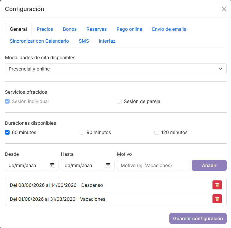Configuración de modalidades y servicios en SimplyGest Praxis