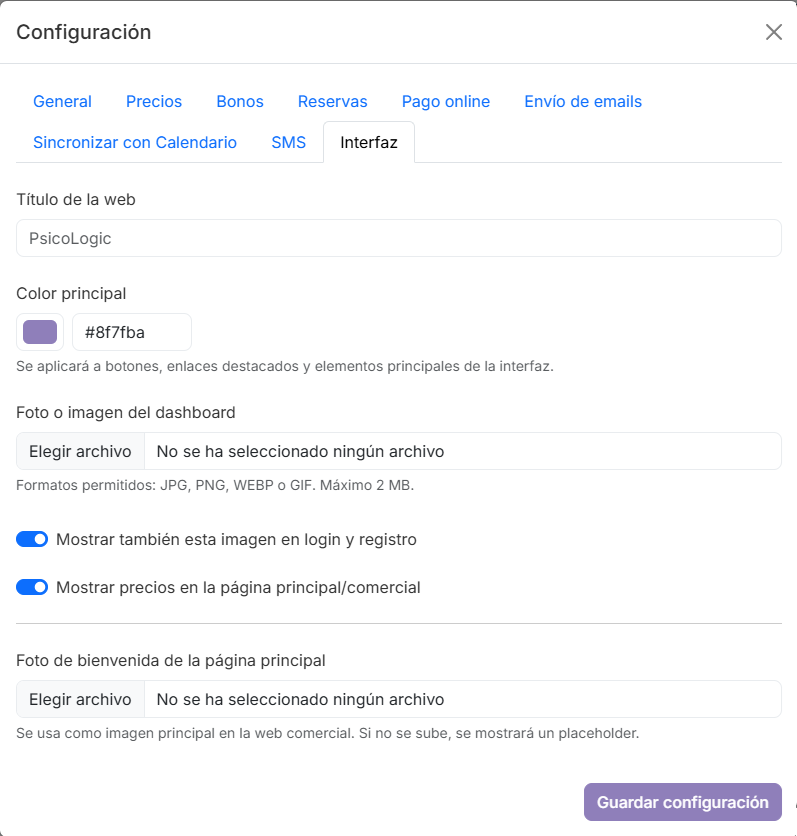 Opciones de personalización de SimplyGest Praxis