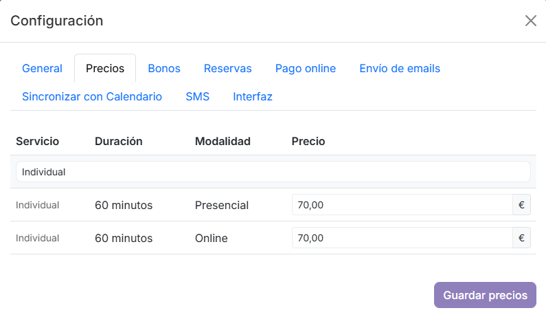 Tabla de precios de los servicios en SimplyGest Praxis
