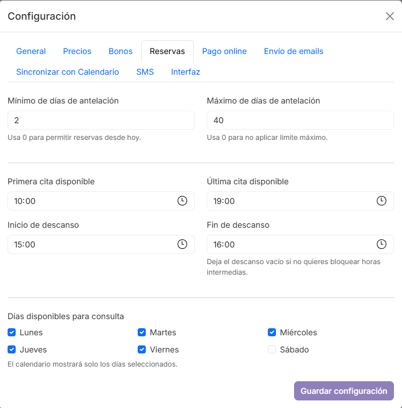 Configuración de horarios y disponibilidad de reservas
