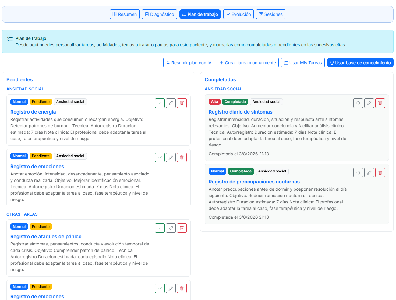 Plan de trabajo clínico con tareas pendientes y completadas en SimplyGest Praxis