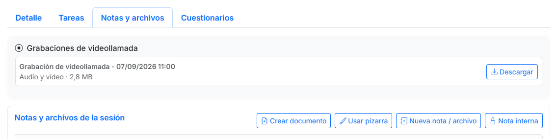 Grabación de una videollamada disponible desde las notas y archivos de una cita en SimplyGest Praxis