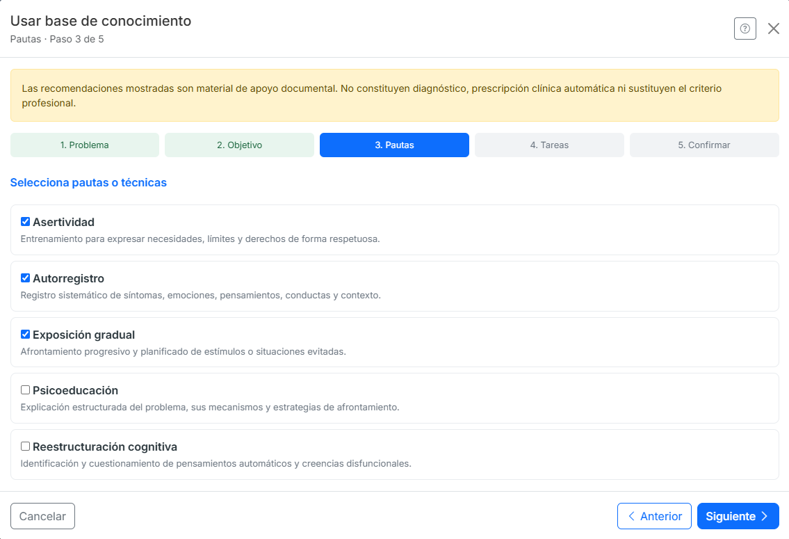 Selección de pautas y técnicas desde la base de conocimiento de SimplyGest Praxis