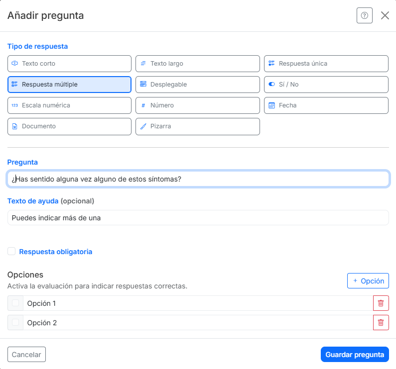 Configuración de tipos de respuesta y opciones de una pregunta en SimplyGest Praxis