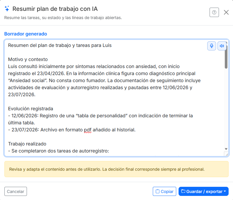 Borrador generado por IA para resumir un plan de trabajo en SimplyGest Praxis
