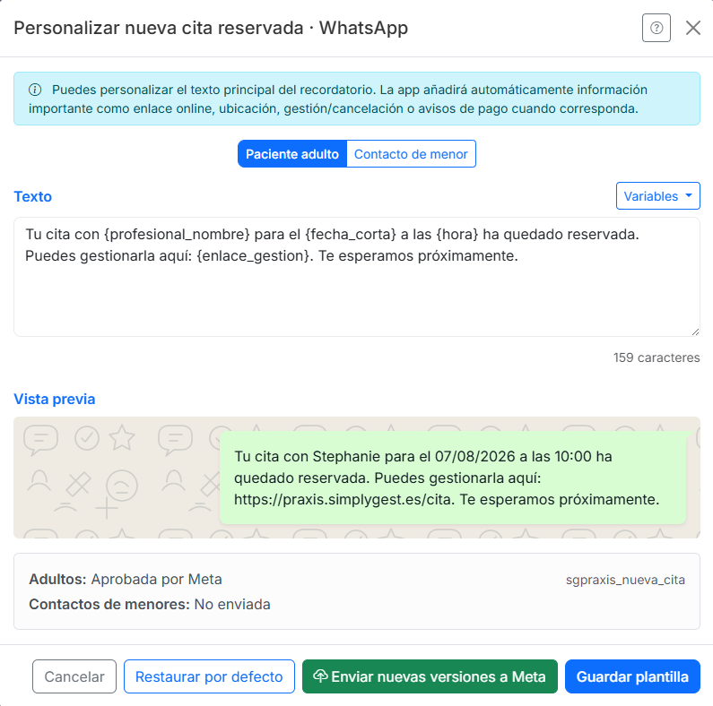 Personalización de una plantilla de WhatsApp para pacientes adultos y contactos de menores